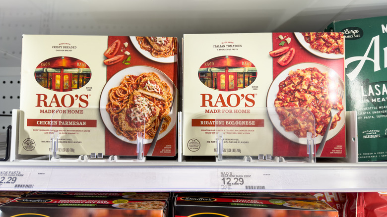 Two boxes of Rao's frozen pastas on grocery store freezer shelf