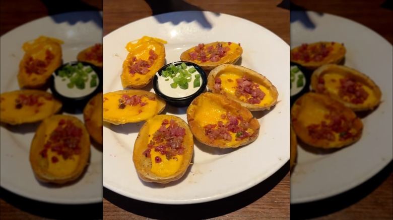 Loaded Potato Skins on a round plate