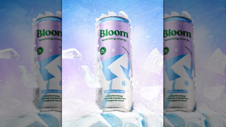 Bloom energy drink on blue and purple background