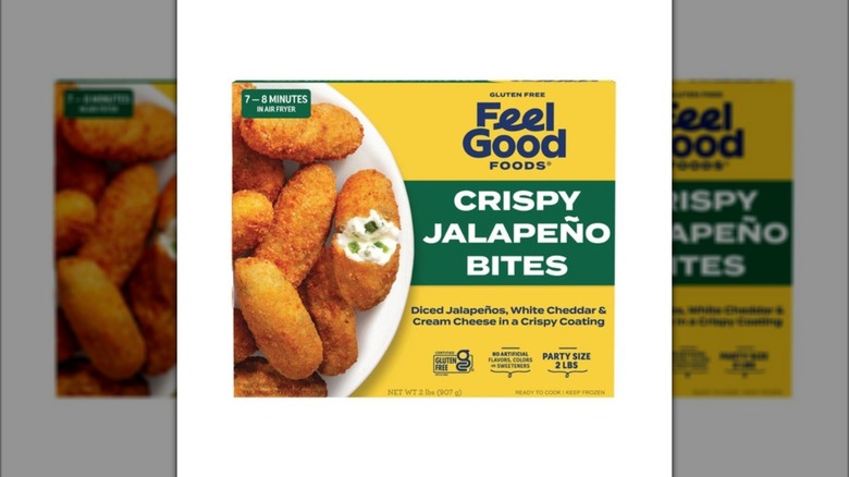 Yellow box of Feel Good Foods Crispy Jalapeño Bites