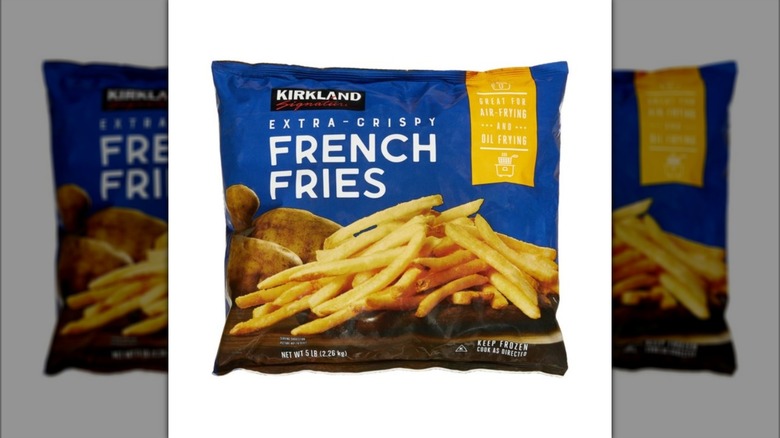 Blue bag of Kirkland Signature Extra Crispy French Fries from Costco