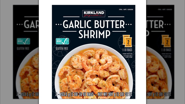Black box of Kirkland Signature Garlic Butter Shrimp from Costco