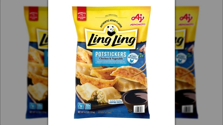 Bag of Ling Ling Chicken and Vegetable Potstickers on white background