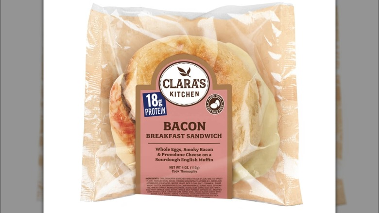 Clara's Kitchen bacon breakfast sandwich packaging on a white background