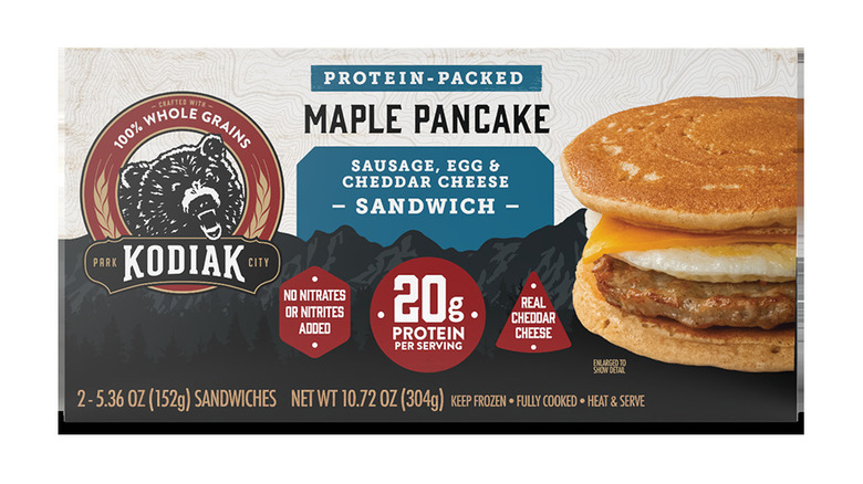 Kodiak sausage, egg, cheddar cheese, and maple pancake breakfast sandwich packaging