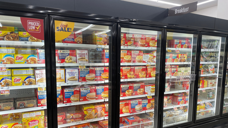 Breakfast section of a grocery store freezer aisle