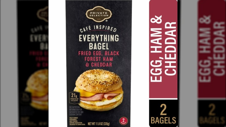 Private Selection everything bagel egg, ham, and cheddar breakfast sandwich packaging