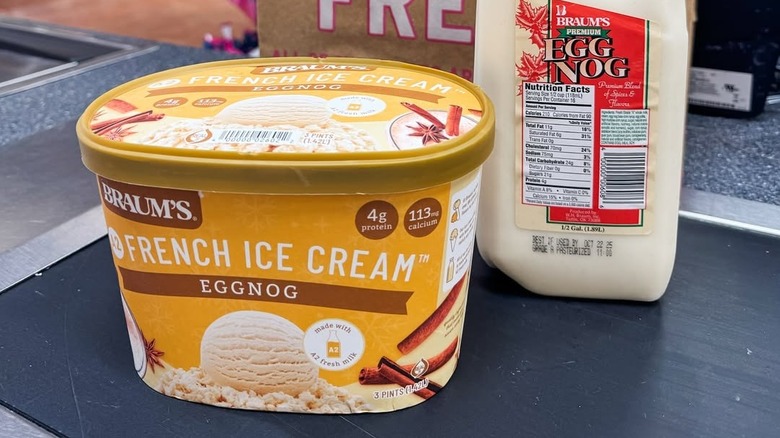 Carton of Braum's eggnog ice cream beside half gallon of fresh eggnog