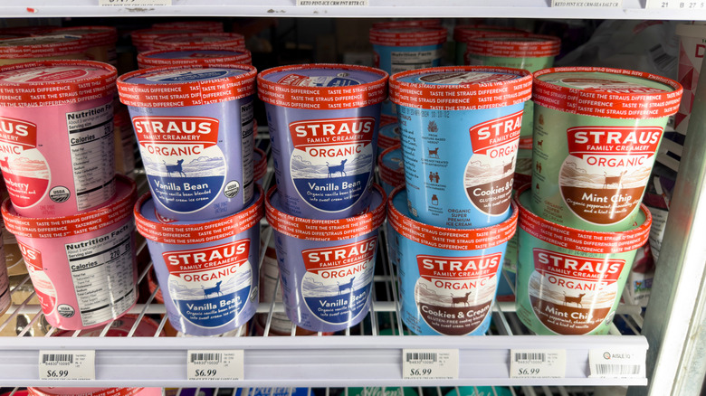 Straus Family Creamery ice cream in several flavors on grocery store shelf