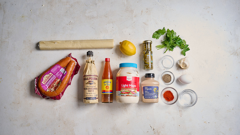 Andouille sausage puff ingredients on a table