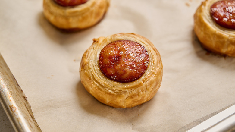 andouille sausage browned inside of a puff pastry