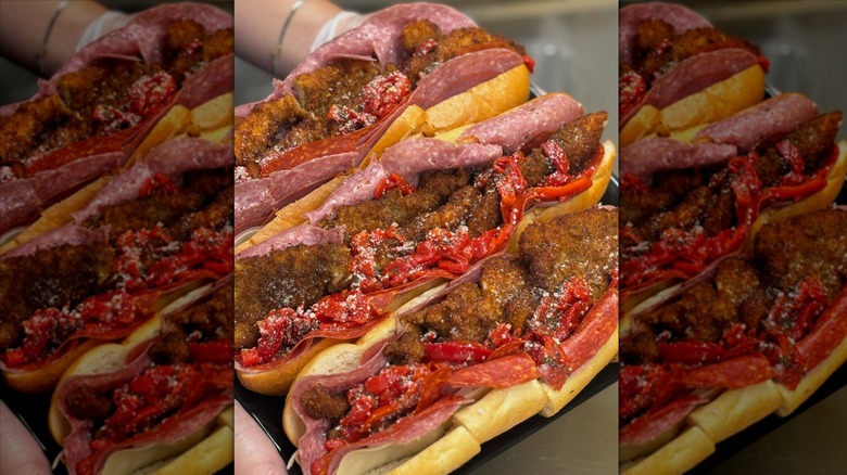 Chicken cutlet sandwiches on tray from New Deal Fruit Inc