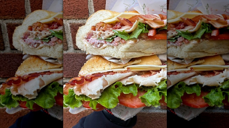 Hand holding turkey sandwich from Pauli's deli