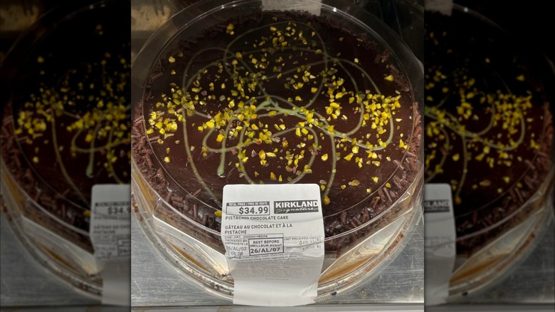 Pistachio Chocolate Cake from Costco Canada on display in store