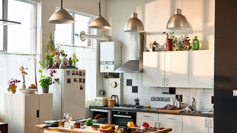 Kitchen with plants and vases on top of cabinets
