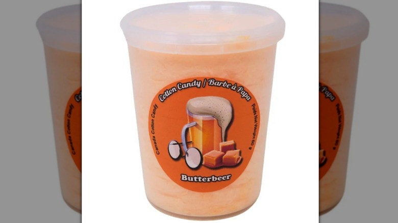 Tub of Butterbeer cotton candy on white background, mirrored image