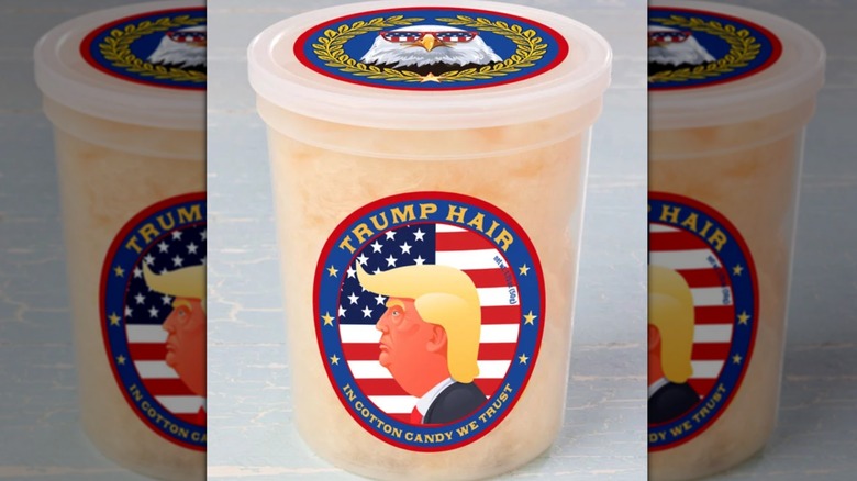 tub of Trump hair cotton candy on blue background, mirrored image