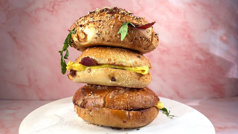 Three Panera Asiago Bagel Stacks on top of each other