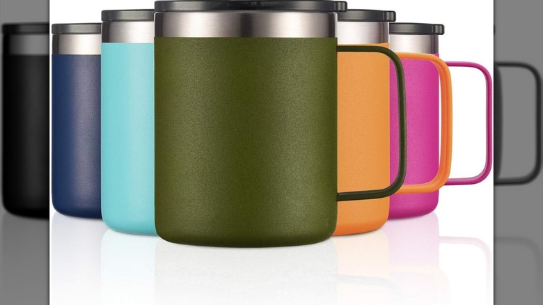 A collection of ALOUFEA travel mugs in different colors