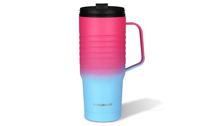 Stock image of the Haushof Travel Mug in pink and blue