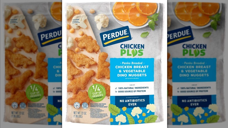Bag of Perdue Chicken Plus panko breaded chicken breast & vegetable dino nuggets
