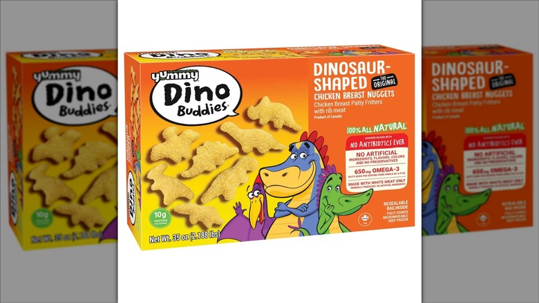 Box of Yummy Dino Buddies original dinosaur-shaped chicken breast nuggets