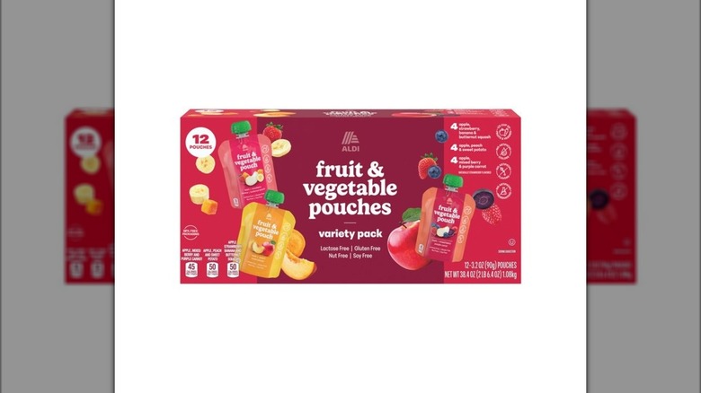 Red box of Aldi brand Fruit & Vegetable Pouches