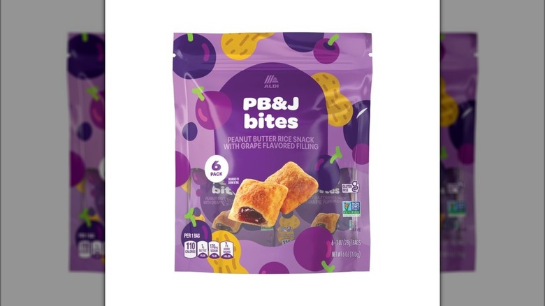 Purple bag of Aldi PB&J Bites rice snacks
