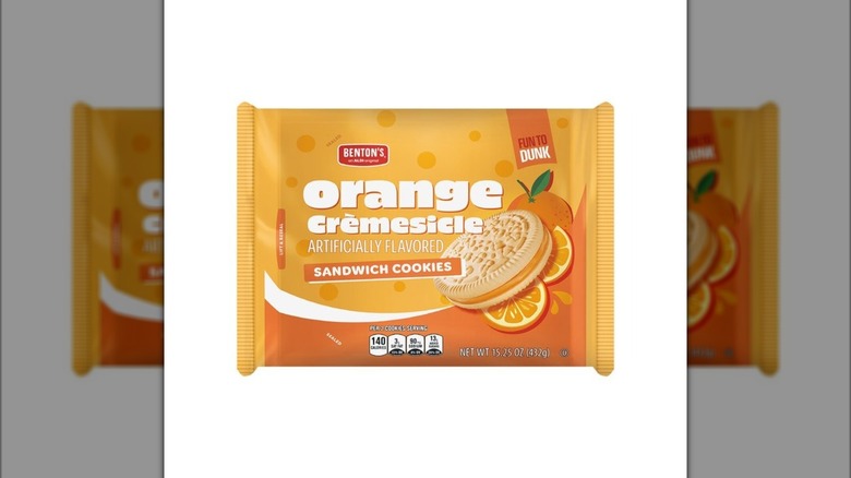 Orange package of Aldi Benton's Orange Crèmesicle Sandwich Cookies
