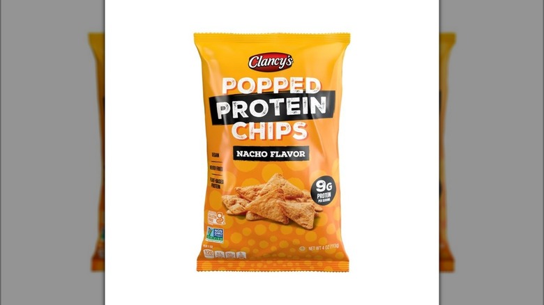 Orange bag of Aldi brand Clancy's Nacho Flavor Popped Protein Chips