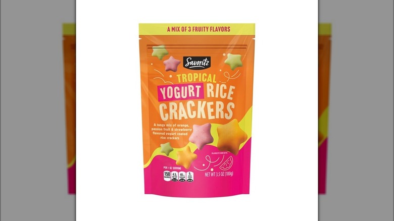 Orange bag of Savoritz Tropical Yogurt Rice Crackers from Aldi