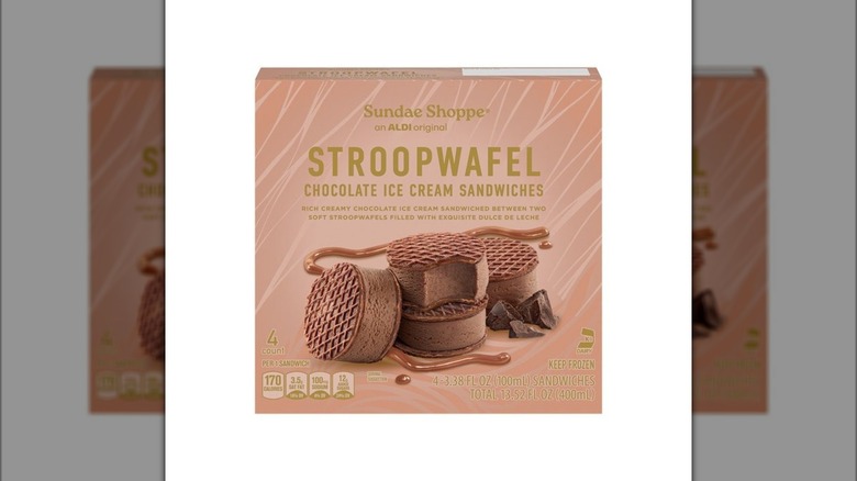 Brown box of Sundae Shoppe Chocolate Stroopwafel Ice Cream Sandwiches