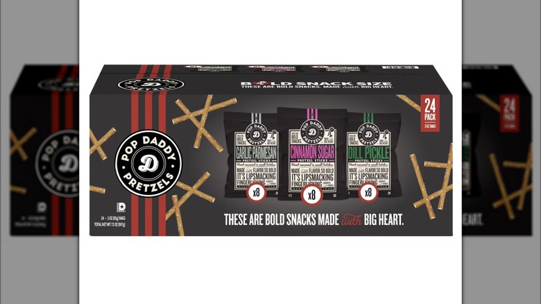 Black box of Pop Daddy Pretzels Variety Pack with three flavors