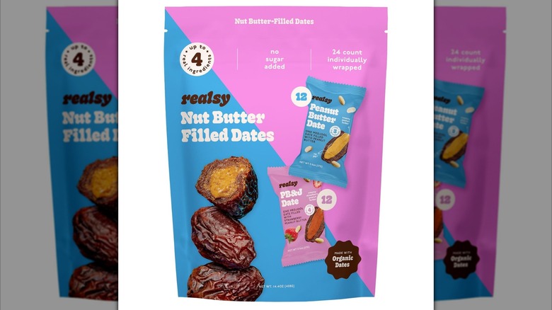 Realsy Nut Butter Filled Dates Variety Pack with blue and pink split design