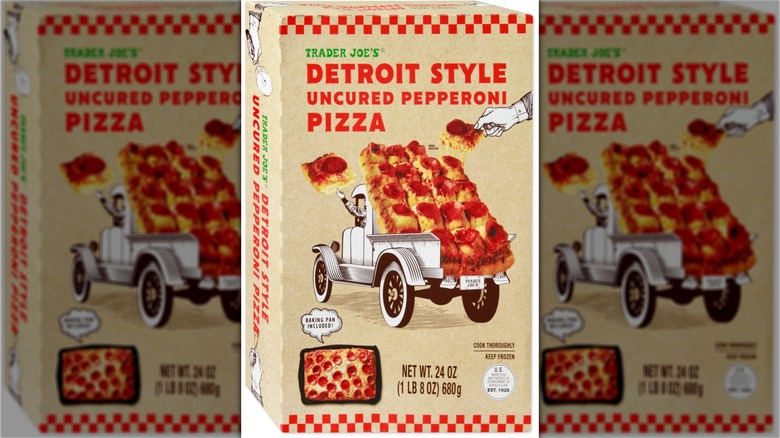 Trader Joe's Detroit Style Uncured Pepperoni Pizza in a box on a white background