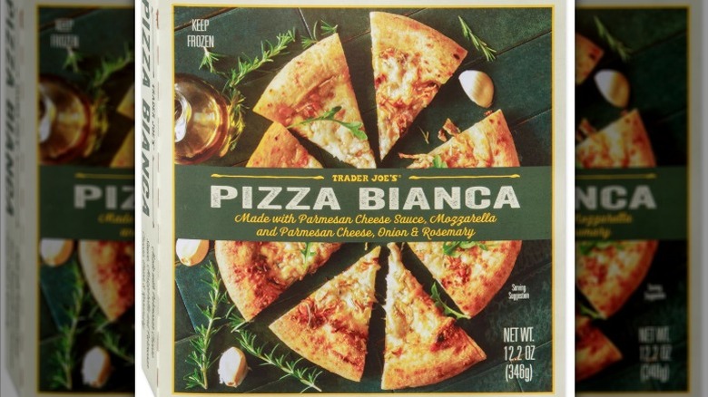 Trader Joe's Pizza Bianca in box on a white background