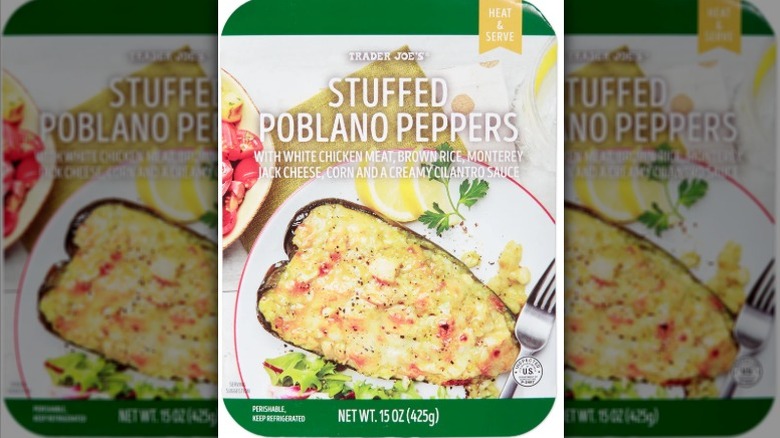 Trader Joe's Stuffed Poblano Peppers in box on a white background