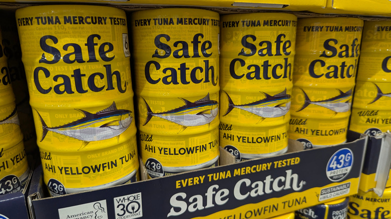Yellow packages of Safe Catch tuna in a box