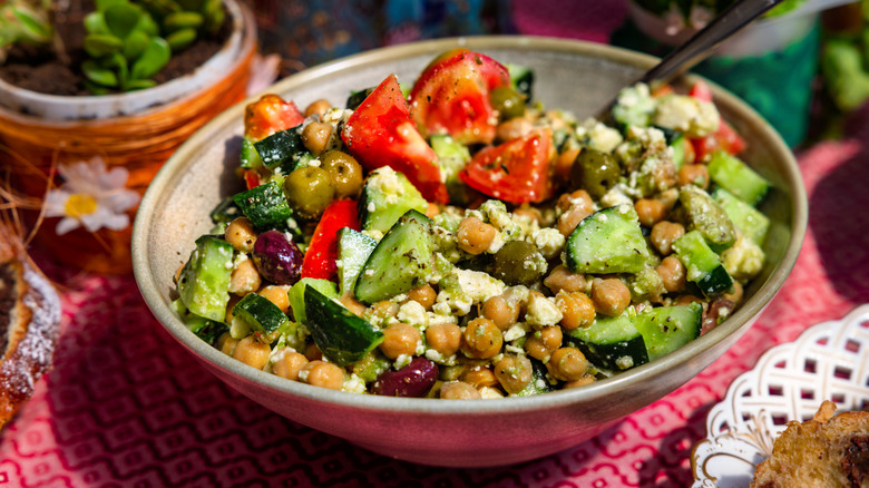 Bowl of chickpea salad on table