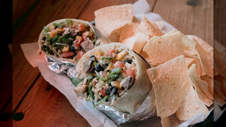 Burrito halves with tortilla chips