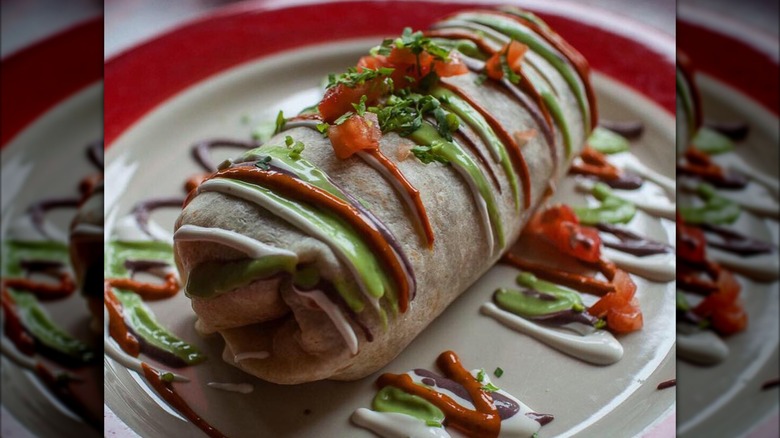 Burrito on a plate with drizzle of sauces