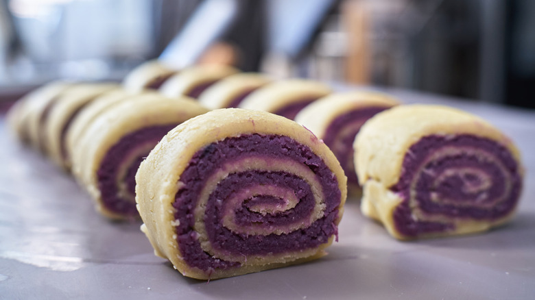 Ube rolls on a plate