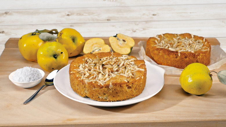 Quince cake with almonds on a counter