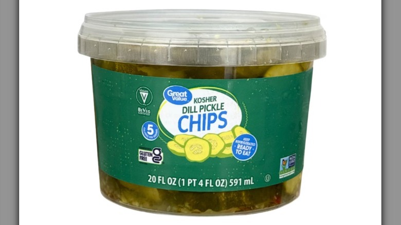 A container of Great Value Kosher Dill Pickle Chips