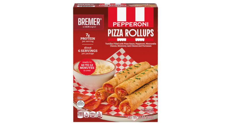 Box of Bremer Pepperoni Pizza Rollups against white background.