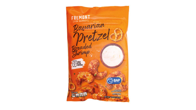 Bag of pretzel-breaded shrimp against white background.