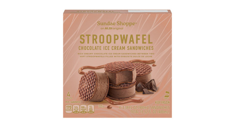 Box of Sundae Shoppe chocolate stroopwafel ice cream sandwiches against white background.