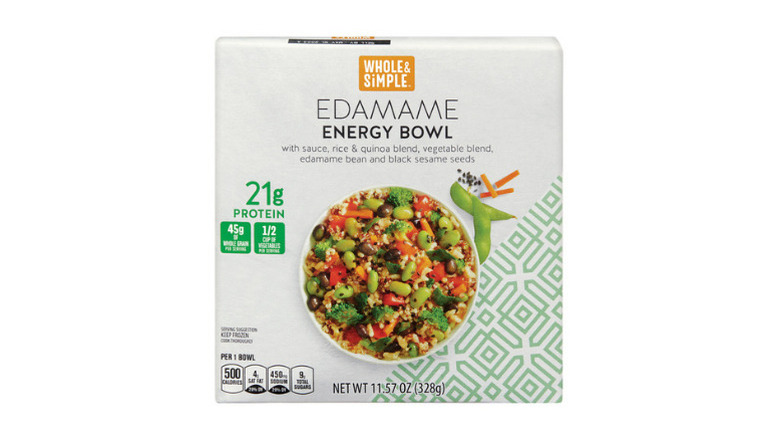 Box containing Whole & Simple Edamame Energy Bowl against white background.