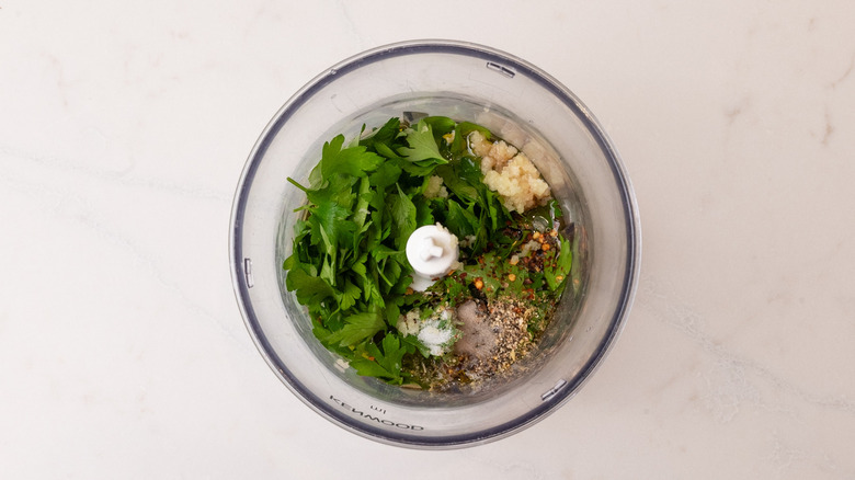 chimichurri ingredients in blender