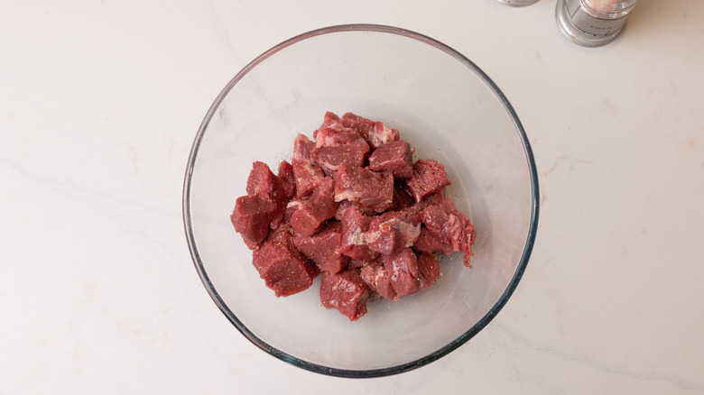 seasoned steak chunks in bowl